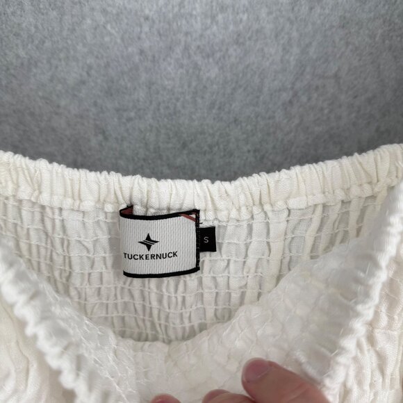 Tuckernuck Annie Linen Smocked Mini Dress Size S White Puff Sleeve Neutral Chic - Picture 4 of 11